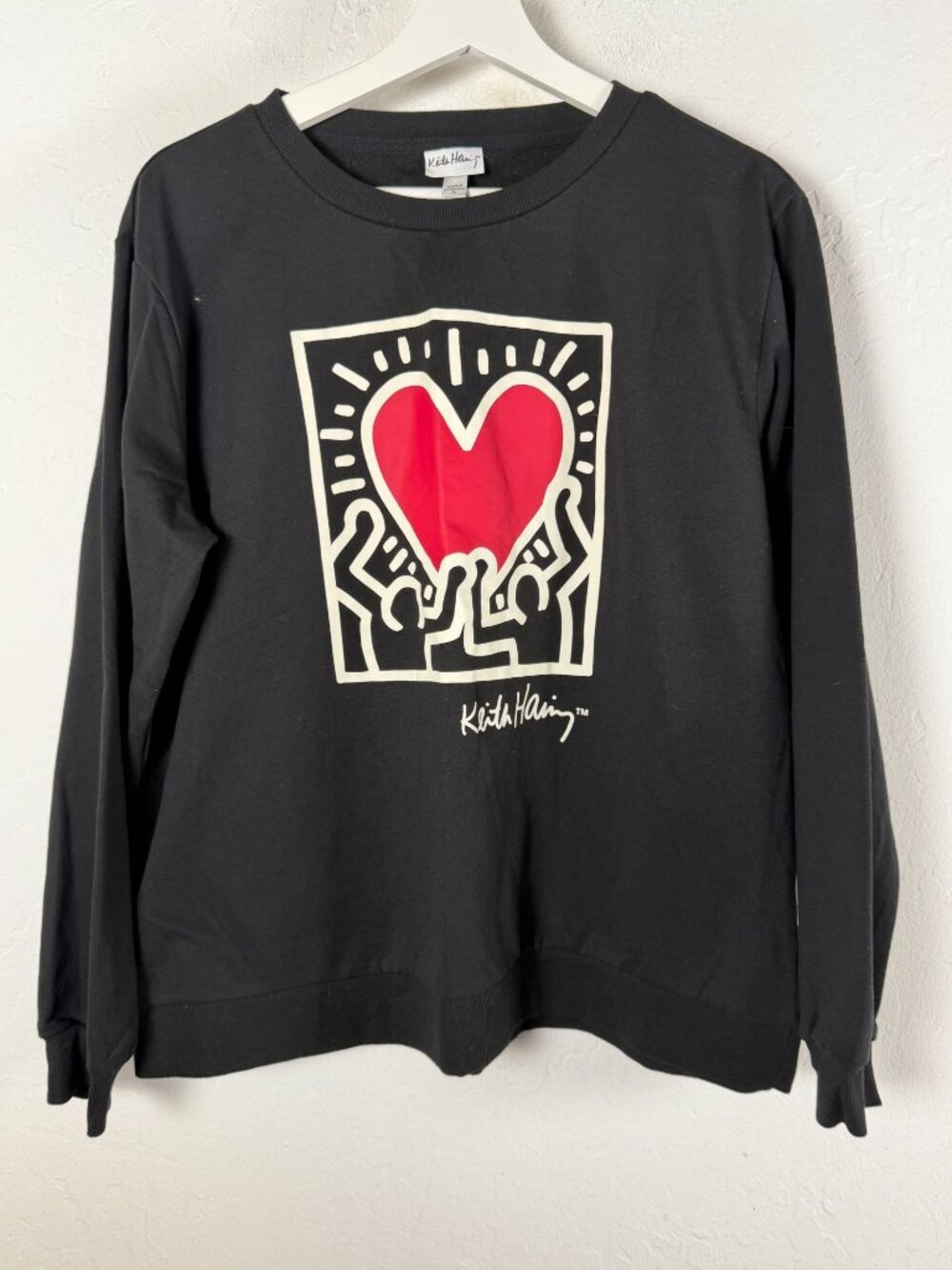 Keith Haring Womens Graphic Long Sleeve Sweatshirt Black Red Heart Pop Art XL
